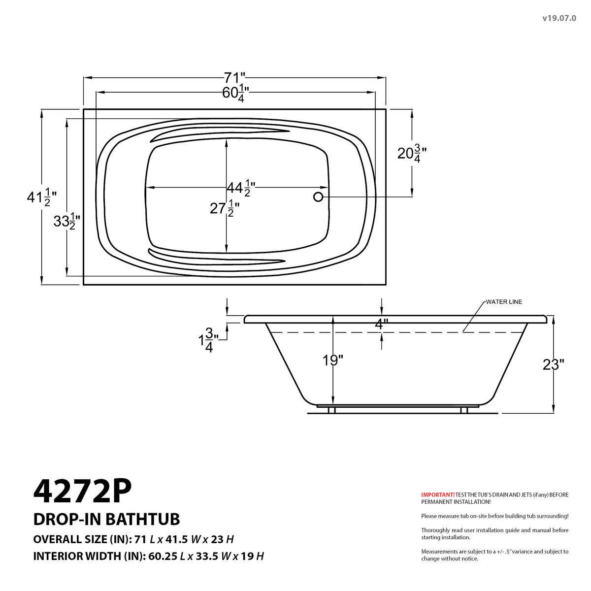 Atlantis Whirlpools Polaris 42 x 72 Rectangular Bathtub 4272P