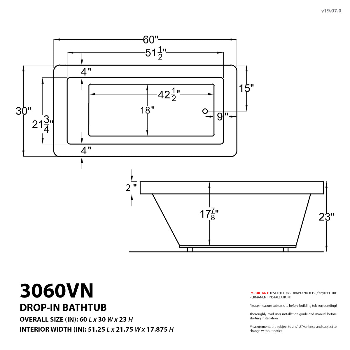 Atlantis Whirlpools Venetian 30 x 60 Rectangular Bathtub 3060VN