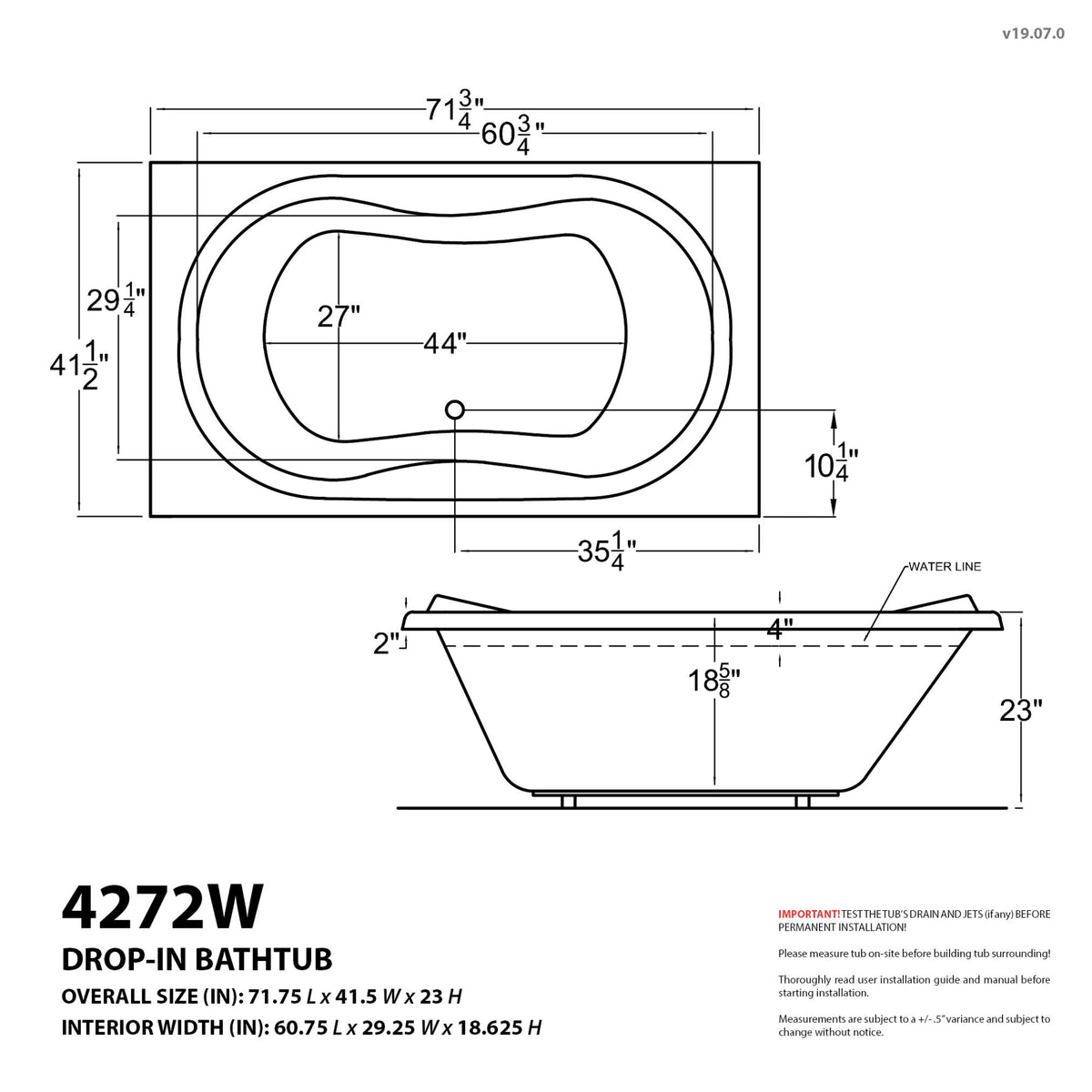 Atlantis Whirlpools Whisper 42 x 72 Rectangular Bathtub 4272W