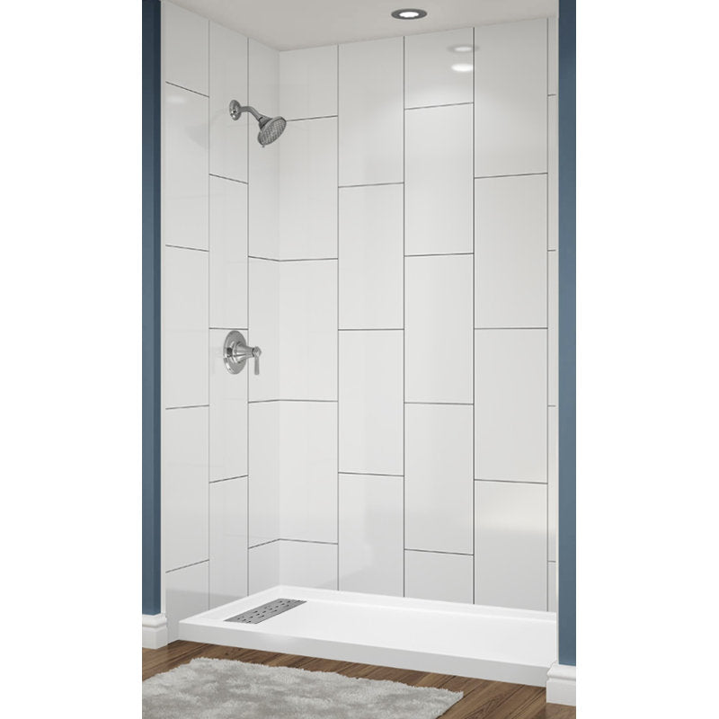 Avora Bath 12x24 Vertical White Acrylic Alcove Shower System with Black Grout Lines 60"W x 30"D 6030LTAV60361224VSWBSW