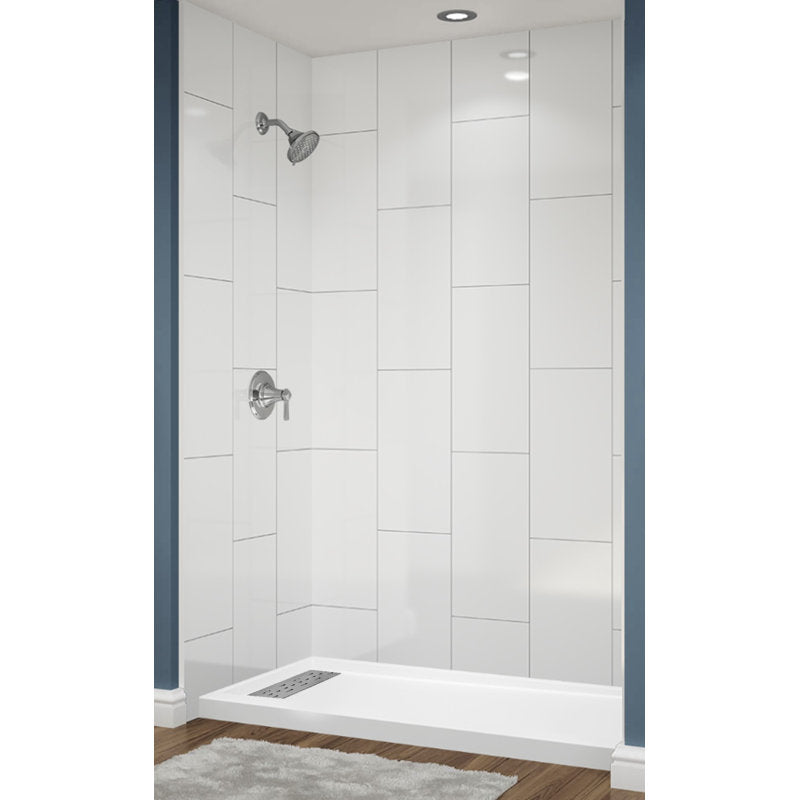 Avora Bath 12x24 Vertical White Acrylic Alcove Shower System with Silver Grout Lines 60"W x 30"D 6030LTAV60361224VSWGSW