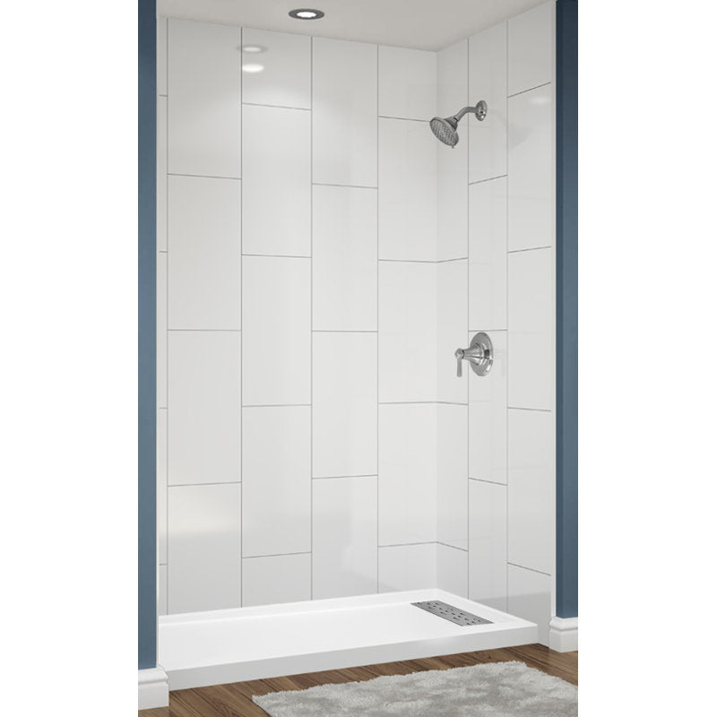 Avora Bath 12x24 Vertical White Acrylic Alcove Shower System with Silver Grout Lines 60"W x 30"D 6030RTAV60361224VSWGSW