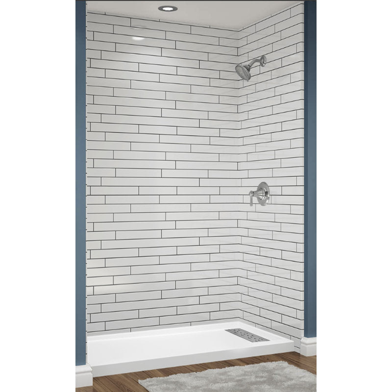 Avora Bath 12x6 Tile White Acrylic Alcove Shower System with Black Grout Lines 60"W x 36"D 6036RTAV60361206BWSW