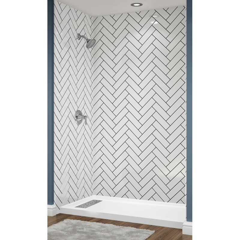 Avora Bath Herringbone Tile White Acrylic Alcove Shower System with Black Grout Lines 60"W x 36"D 6036LTAV6036HESWBSW