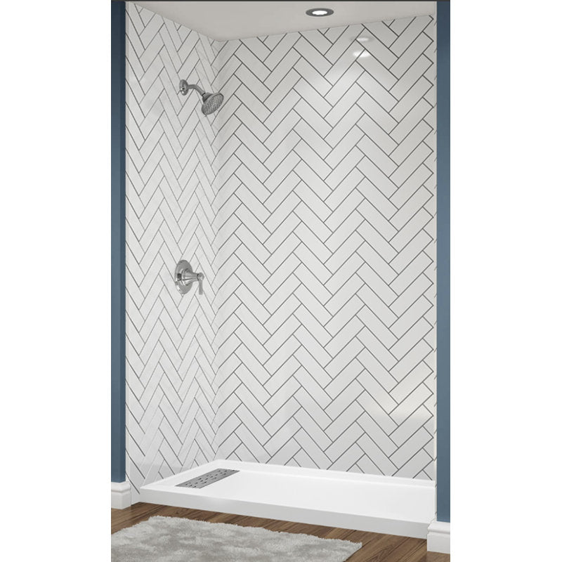 Avora Bath Herringbone Tile White Acrylic Alcove Shower System with Silver Grout Lines 60"W x 36"D 6036LTAV6036HESWGSW