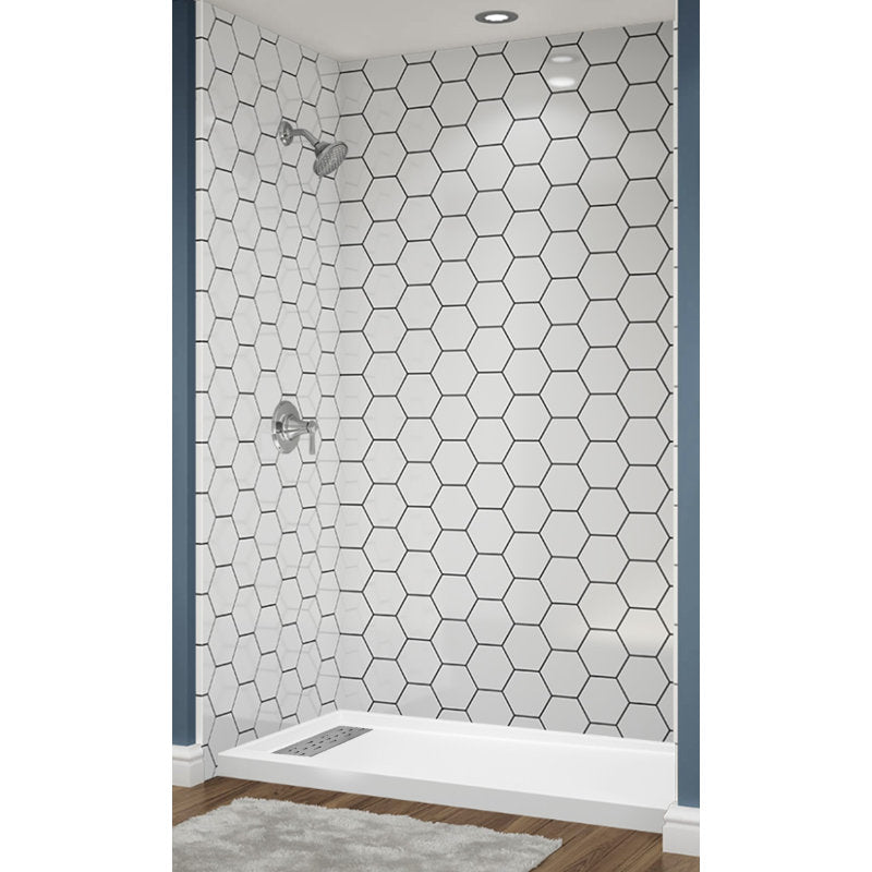 Avora Bath Hexagon Tile White Acrylic Alcove Shower System with Black Grout Lines 60"W x 34"D 6034LTAV6036HexWBSW
