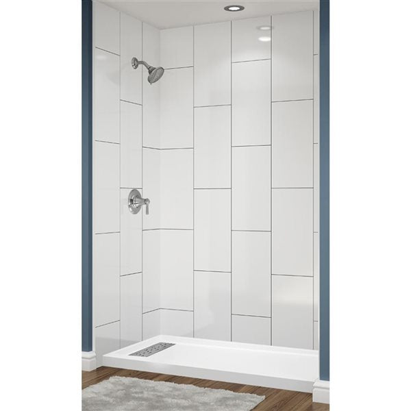 Avora Bath 12x24 Vertical Tile White Acrylic Alcove Shower System with Black Grout LInes 60"W x 34"D 6034LTAV60361224VSWBSW