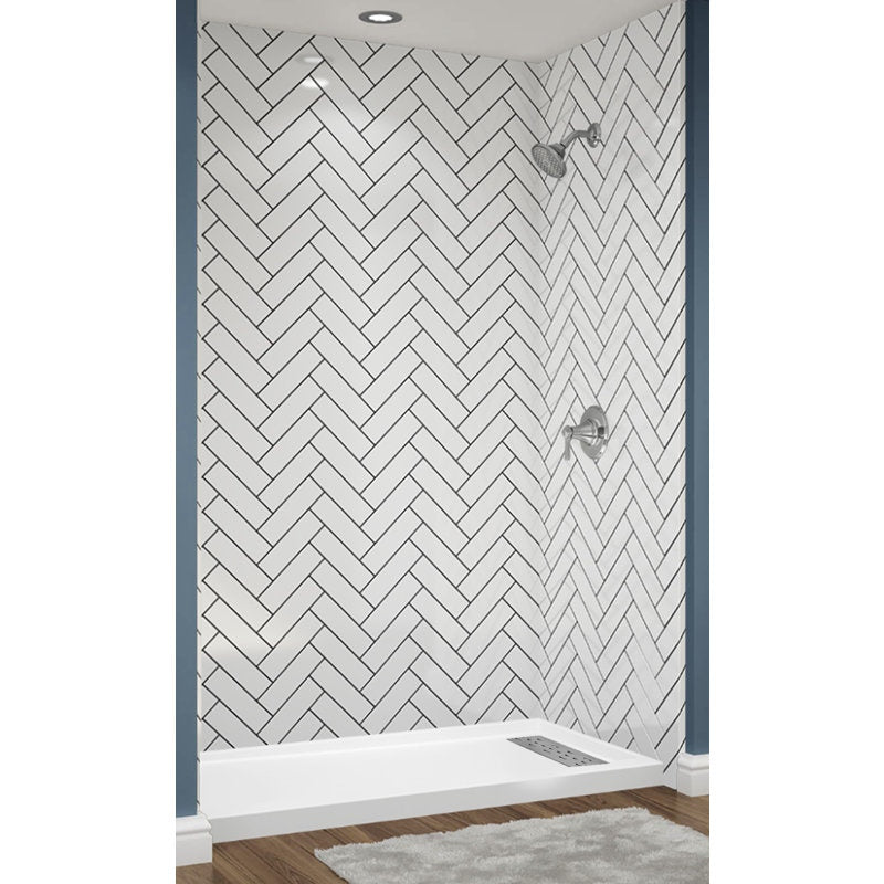Avora Bath Herringbone White Acrylic Alcove Shower System with Black Grout Lines 60"W x 36"D 6036RTAV6036HESWBSW