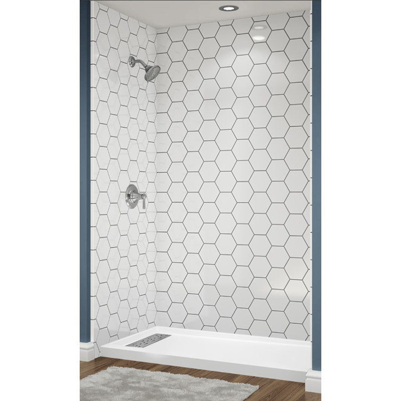 Avora Bath Hexagon Tile White Acrylic Alcove Shower System with Silver Grout Lines 60"W x 34"D 6034LTAV6036HexWSSW