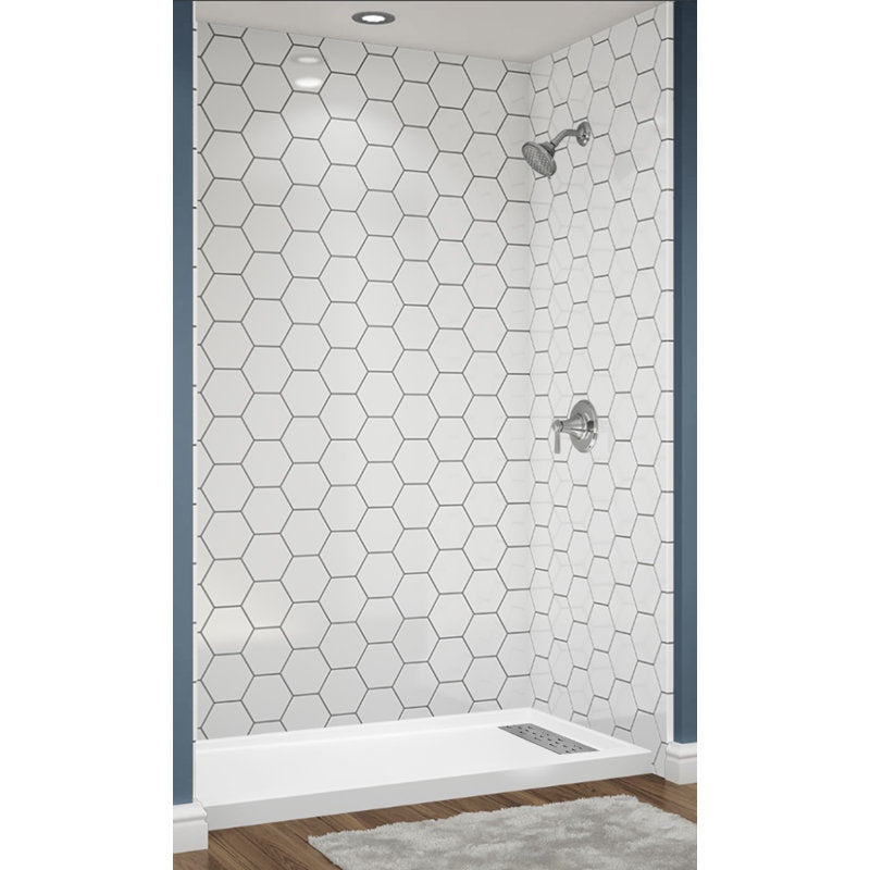Avora Bath Hexagon Tile White Acrylic Alcove Shower System with Silver Grout Lines 60"W x 36"D 6036RTAV6036HexWSSW