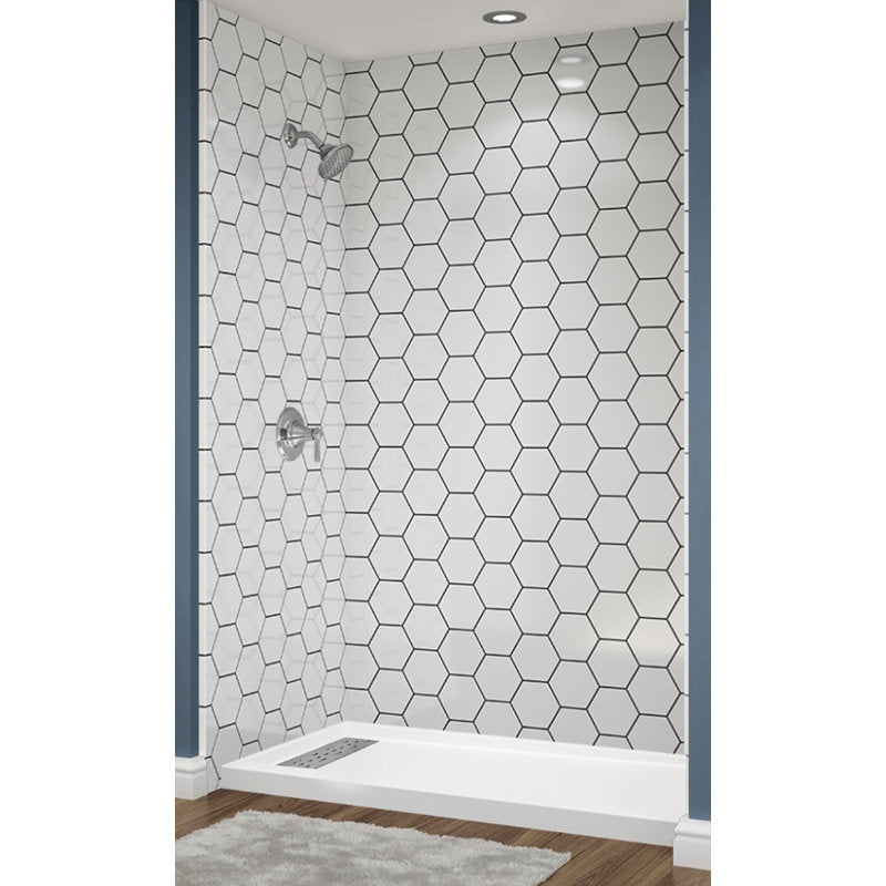 Avora Bath Hexagon White Acrylic Alcove Shower System with Black Grout Lines 60"W x 30"D 6030LTAV6036HexWBSW