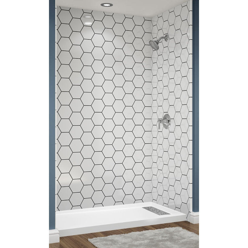 Avora Bath Hexagon White Acrylic Alcove Shower System with Black Grout Lines 60"W x 32"D 6032RTAV6036HexWBSW