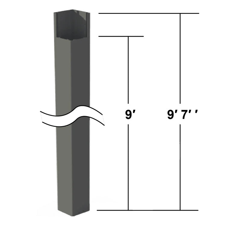 A vertical grey metal post stands against a white background, intersected by a white wave break graphic in the middle and accompanied by clear vertical dimension lines marking heights of 9 feet and 9 feet 7 inches to its right.