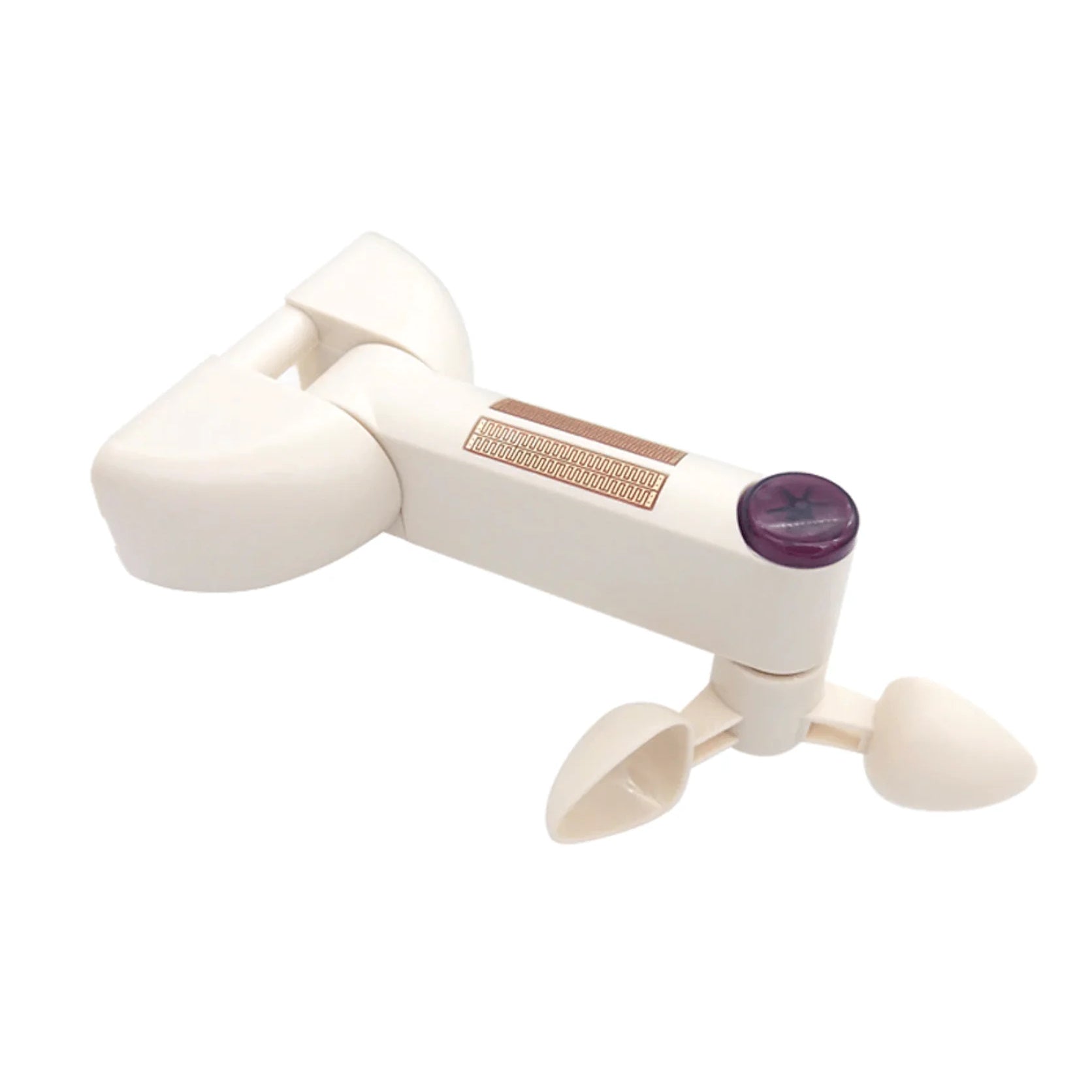 A white plastic anemometer lies horizontally on a white surface, showcasing its wide curved base on the left, a central column with a small grid sensor pattern and a purple circular lens, and a three-cup rotor mechanism on the right.