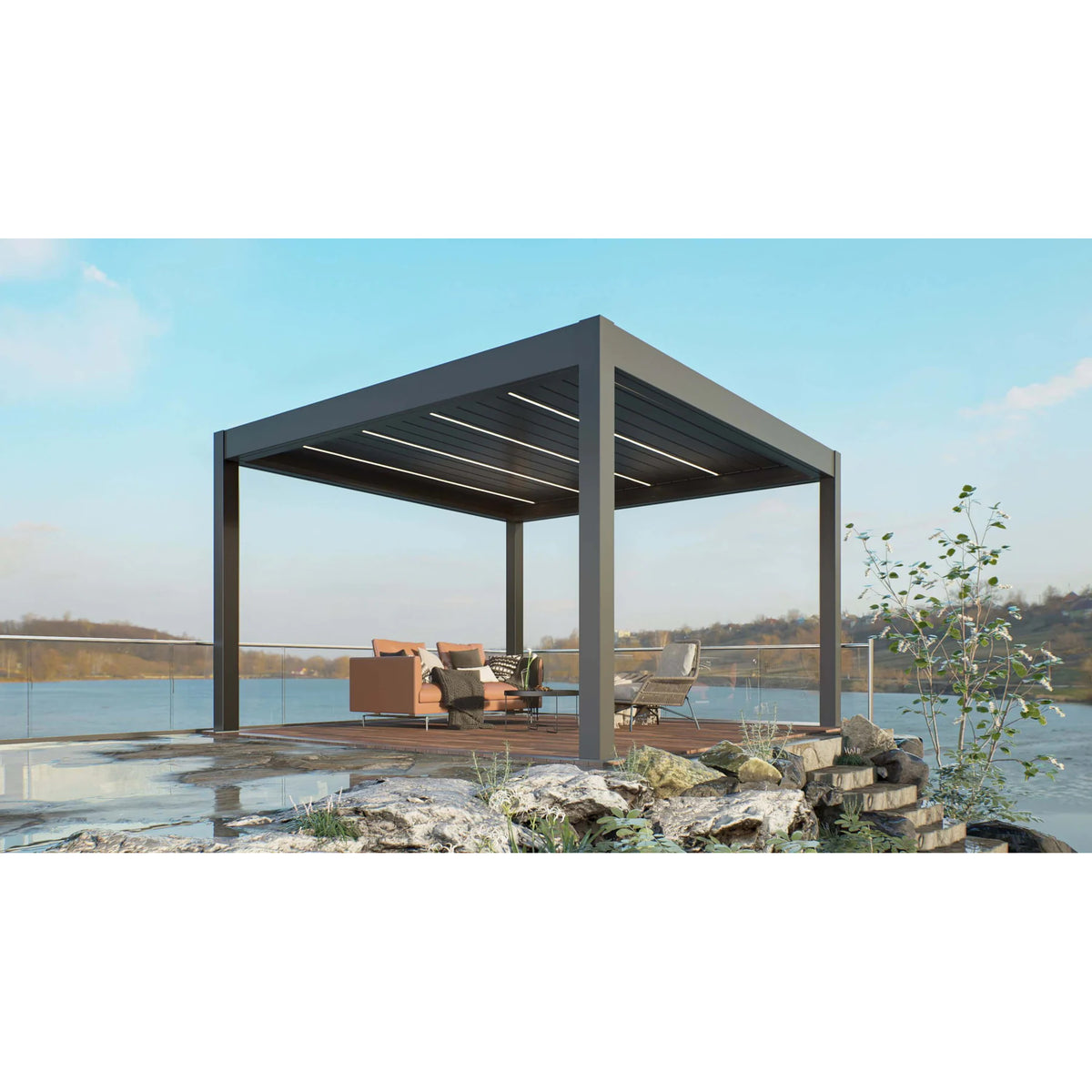 Bon Pergola Weatherproof Motorized Louvered Pergola with Lighting
