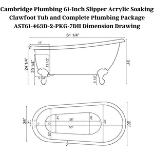 Cambridge Plumbing 61-Inch Slipper Acrylic Soaking Clawfoot Tub and Complete Plumbing Package AST61-463D-2-PKG-7DH Dimension Drawing - Vital Hydrotherapy