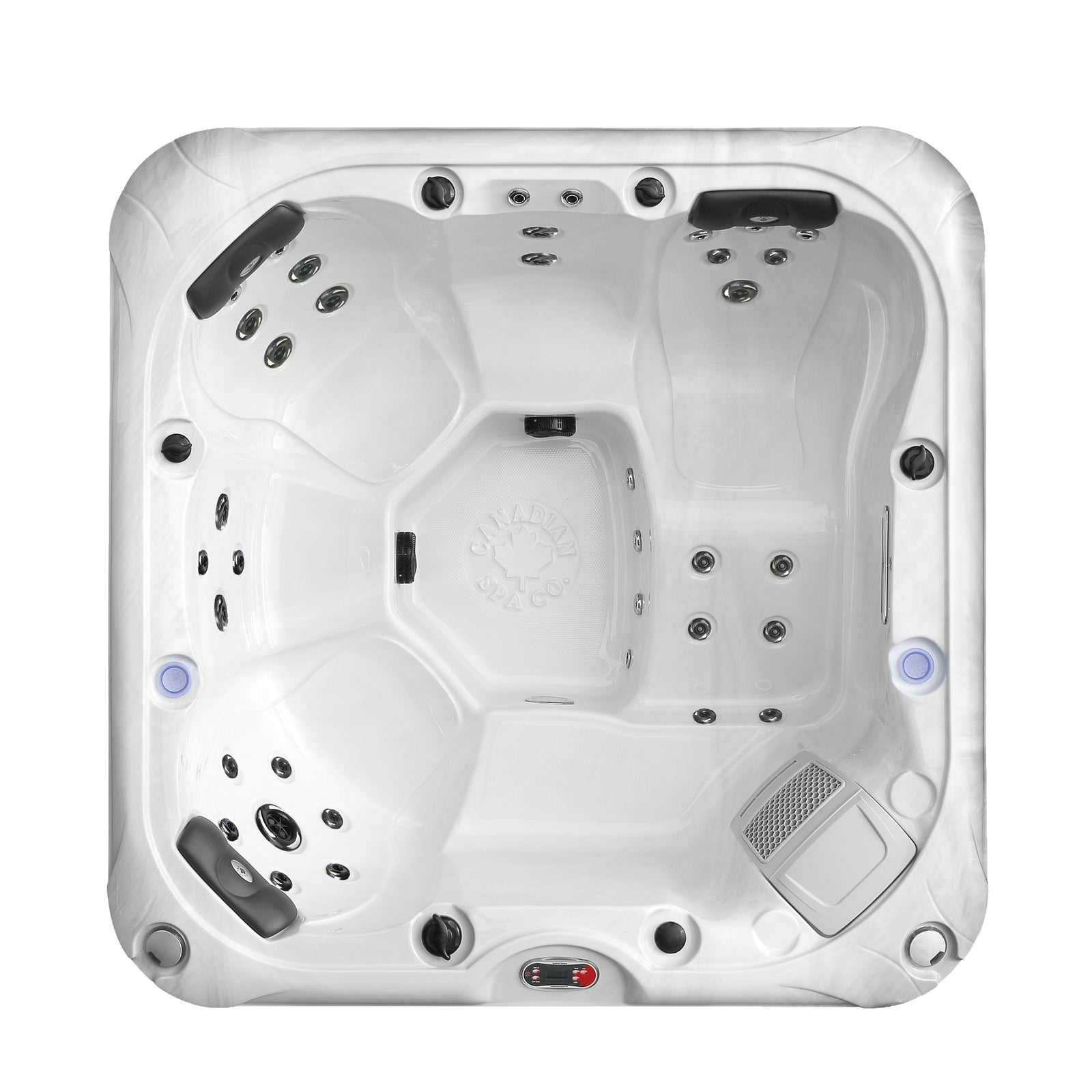 A square hot tub with a white acrylic interior shell and brown wood-look side panels is shown from an elevated angle against a white background in image_0c003f.png. The interior features molded multi-level seating, multiple metallic jets, dark gray headrests, and a built-in control panel on the top rim.