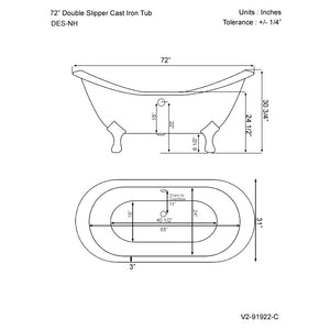 Cambridge Plumbing Double Slipper Cast Iron Soaking Tub Dimension Drawing