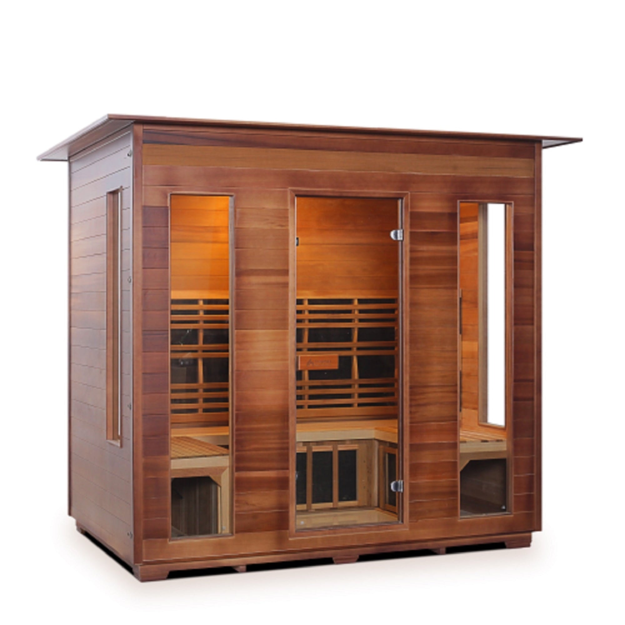 Enlighten Sauna Infrared/Traditional DIAMOND Canadian Red Cedar Wood Outside And Inside indoor Roofed five person sauna with glass door and windows isometric view - Vital Hydrotherapy