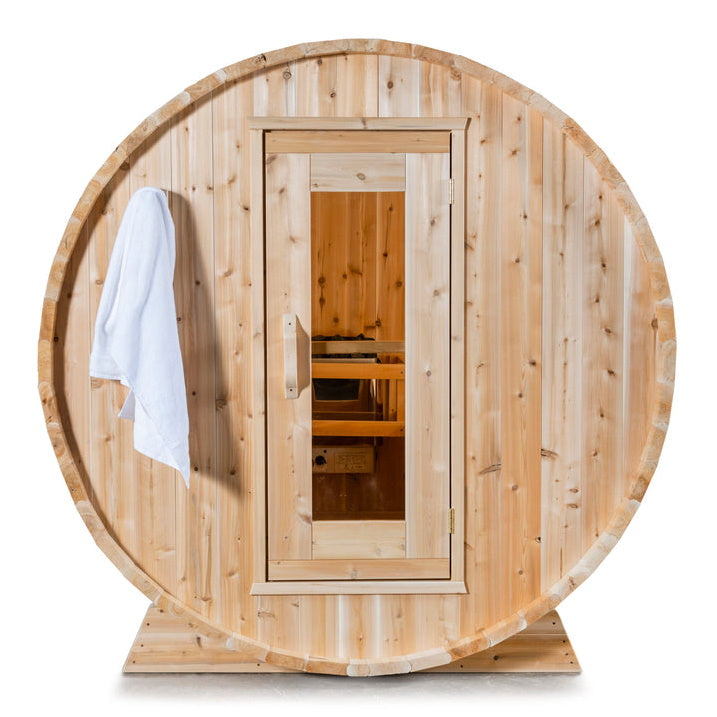 Dundalk Canadian Timber Harmony 4 Person White Cedar Sauna CTC22W - with bronze tempered glass with wooden frame and Heater inside - aluminum bands - flat floor included - solid wood benches  - Vital Hydrotherapy