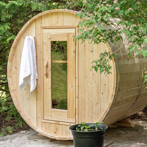 Dundalk Canadian Timber Harmony 4 Person White Cedar Sauna CTC22W - with bronze tempered glass with wooden frame and Heater inside - aluminum bands - flat floor included - solid wood benches - Outdoor Setting - Vital Hydrotherapy