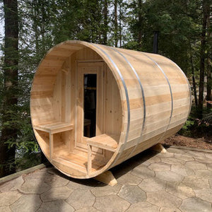 Dundalk Canadian Timber Serenity 2 to 4 person Eastern White Cedar Sauna CTC2245W - with bronze tempered glass with wooden frame - front porch - aluminum bands - sturdy bench - eastern white cedar - flat floor - Outdoor Setting - Vital Hydrotherapy