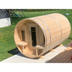 Dundalk CT Tranquility Barrel Sauna CTC2345W - Front Porch with 2 windows - with Aluminum Bands - Front view - Outdoor setting - Vital Hydrotherapy