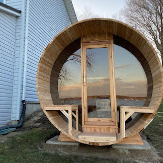 Dundalk Canadian Timber Tranquility MP Barrel Sauna with Black Metal Roof CTC2345MP