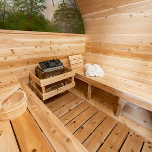Dundalk Canadian Timber Tranquility MP Barrel Sauna with Black Metal Roof CTC2345MP