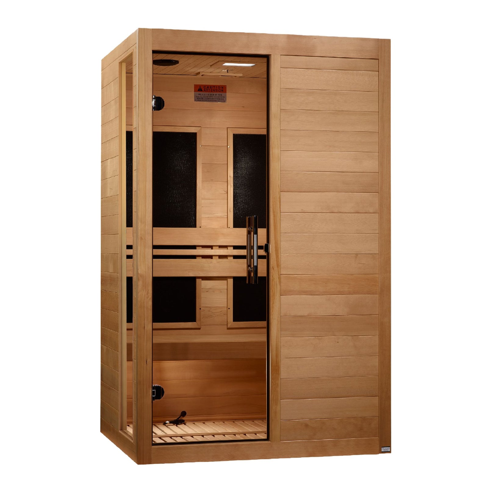 A three-quarter view of a rectangular wooden sauna cabin with horizontal light brown planks. The right side is a solid wood wall, while the left half features a full-length glass door with a long, vertical silver handle. Inside, the light wood interior reveals a slatted wooden bench, a slatted floor grid, a supportive backrest, and a vertical black infrared heating panel mounted on the side wall. The clear glass door is mounted with two black hinges on the far left.