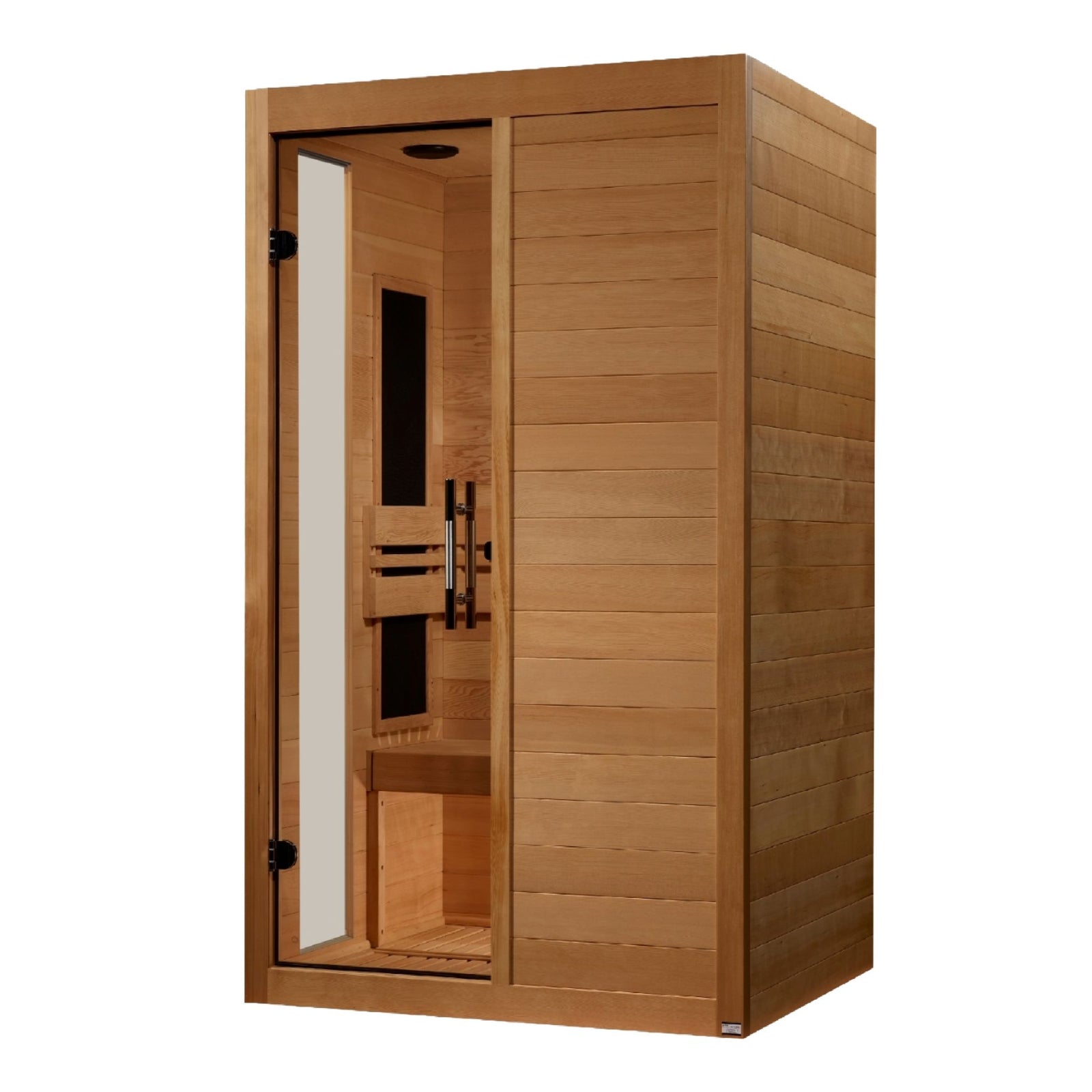 A three-quarter view of a rectangular wooden sauna cabin with horizontal light brown planks. The right side is a solid wood wall, while the left half features a full-length glass door with a long, vertical silver handle. Inside, the light wood interior reveals a slatted wooden bench, a slatted floor grid, a supportive backrest, and a vertical black infrared heating panel mounted on the side wall. The clear glass door is mounted with two black hinges on the far left.