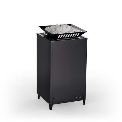 Black EOS sauna heater with angled stone tray filled with white sauna rocks on top, standing on four legs.