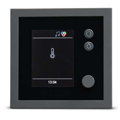 Sauna control panel with digital display showing temperature icon, clock, and control buttons.