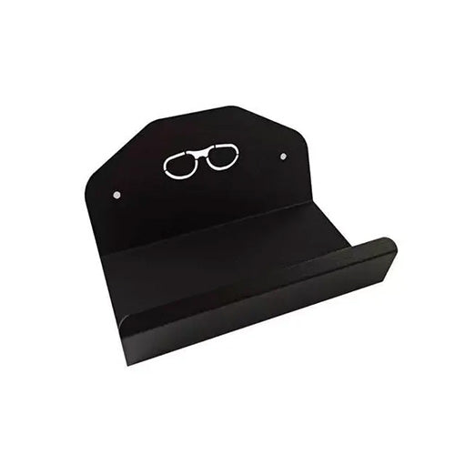 Black metal sauna eyeglass holder shelf with glasses icon cutout.