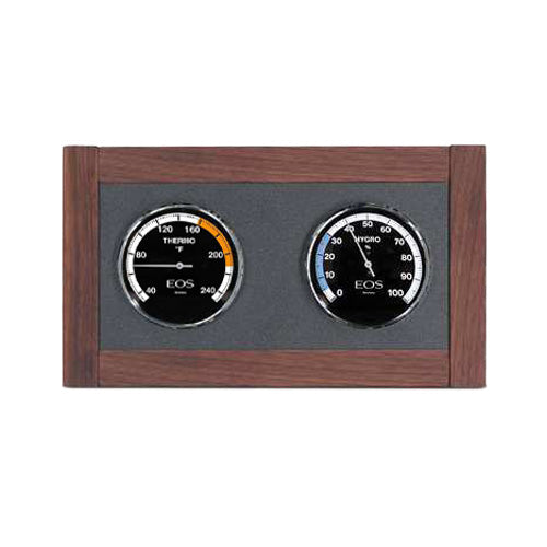 EOS wood-framed sauna thermometer and hygrometer combo gauge, with dual analog dials on gray backing panel.