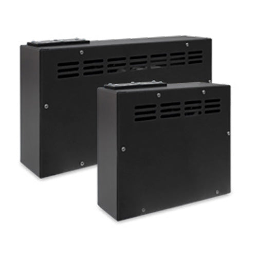 Two black metal sauna power control units with ventilation slots in different sizes.