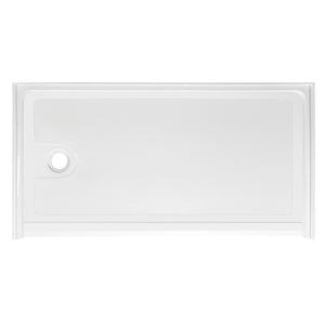 Top-down view of a rectangular, low-profile white shower base. The floor of the base has a subtle anti-slip texture pattern. There is a single circular drain hole located on the far left side. The base is surrounded by a low integrated lip or flange to contain water, viewed against a plain white background.
