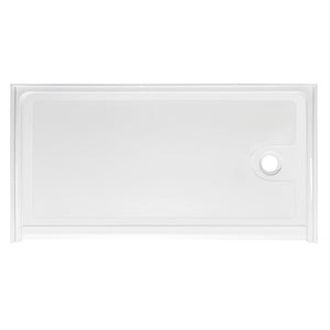 Top-down view of a rectangular, low-profile white shower base. The floor of the base has a subtle anti-slip texture pattern. There is a single circular drain hole located on the far right side. The base is surrounded by a low integrated lip or flange to contain water, viewed against a plain white background.