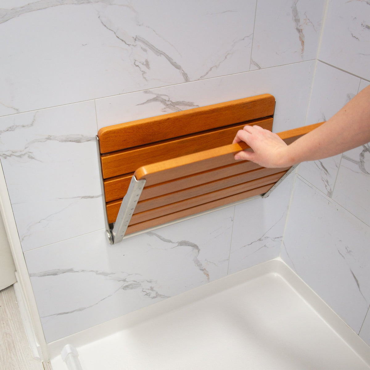 Ella's Bubbles 20.5″W x 13.4″L Folding Teak Shower Chair with Fold-Down Design TEAK-SEAT