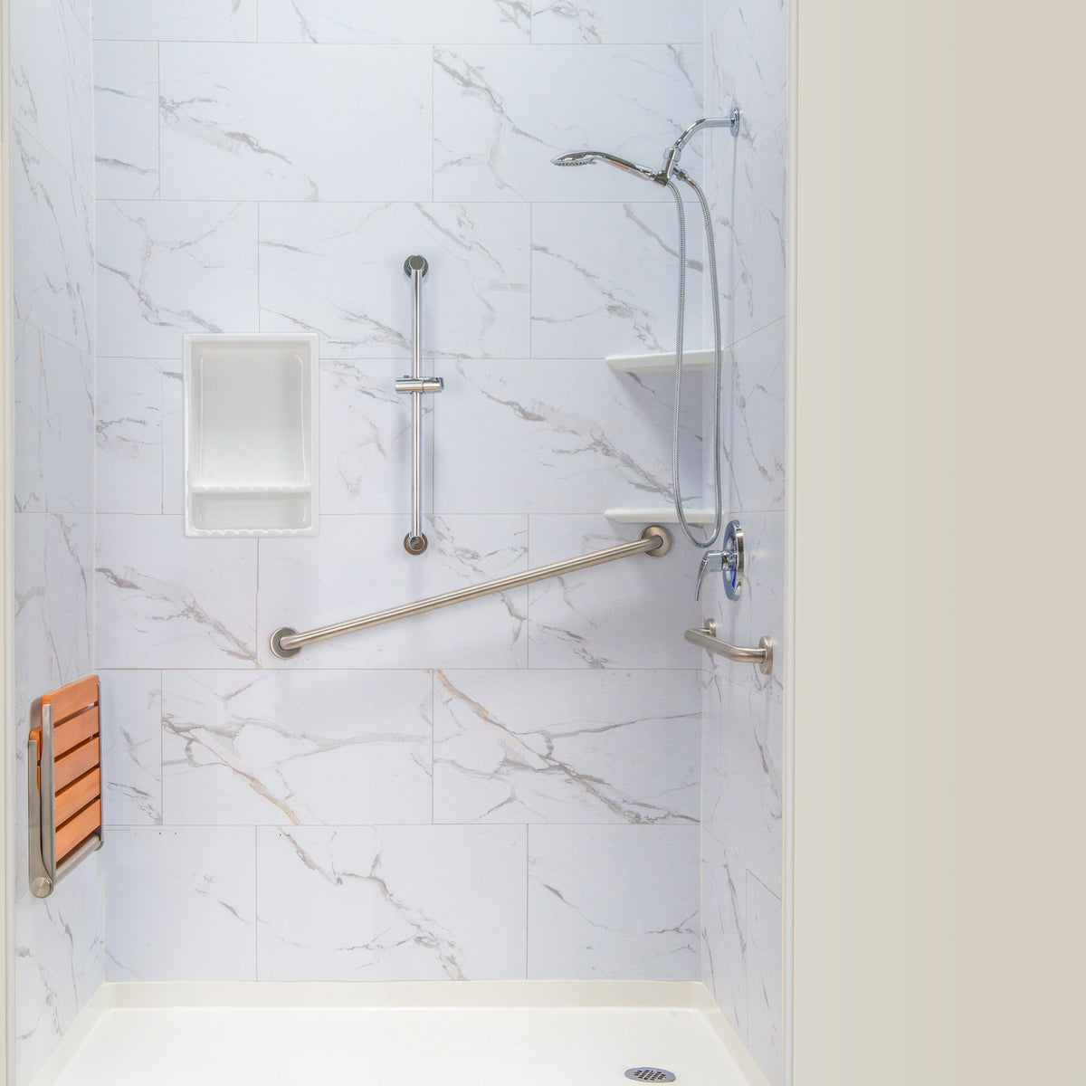 Ella's Bubbles 20.5″W x 13.4″L Folding Teak Shower Chair with Fold-Down Design TEAK-SEAT