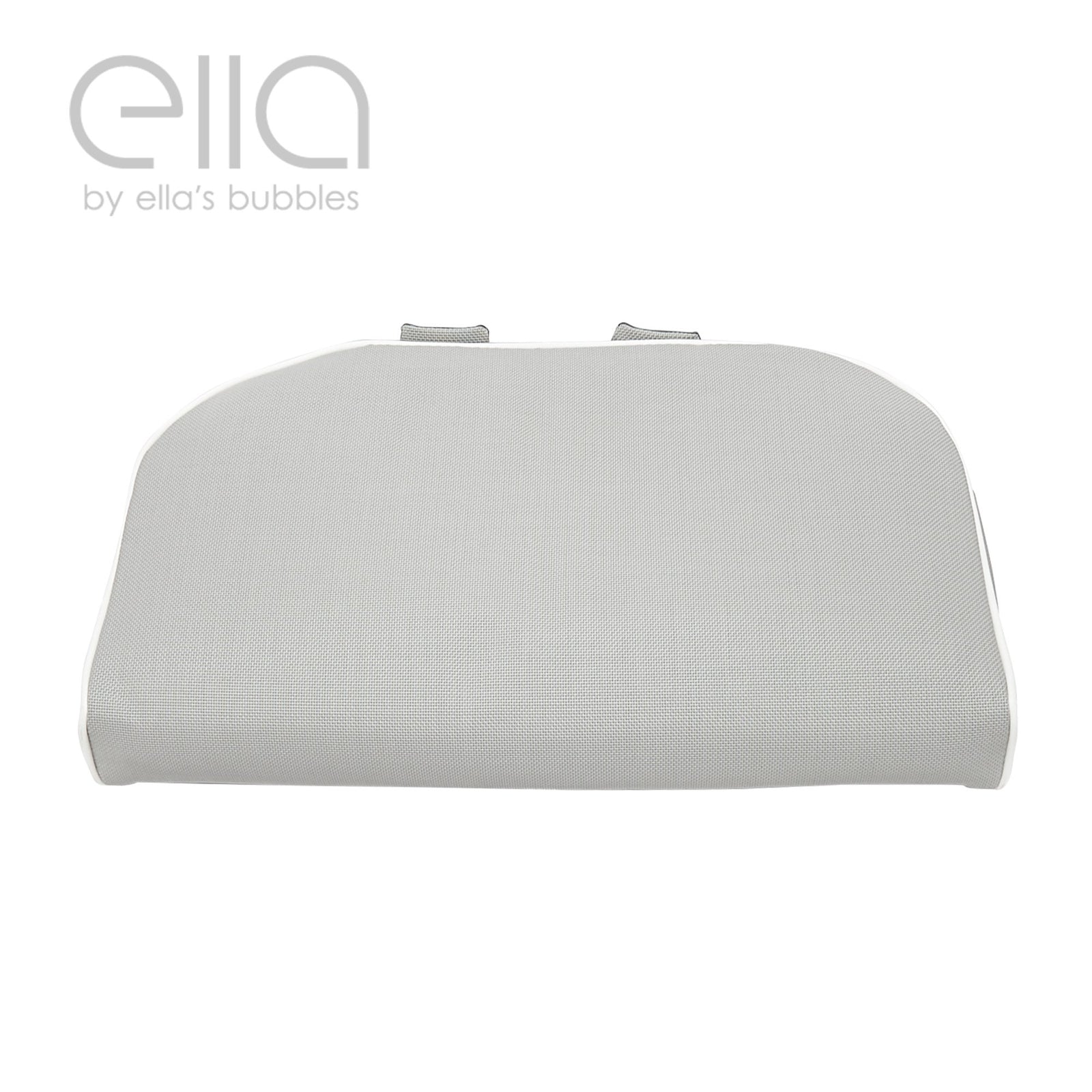 Light gray contoured bath pillow with textured surface, two suction cups on the back for secure bathtub attachment. Ergonomic design supports head and neck during hydrotherapy, adding a spa‑like relaxation vibe. Branding “ella by ella’s bubbles” appears in the corner.