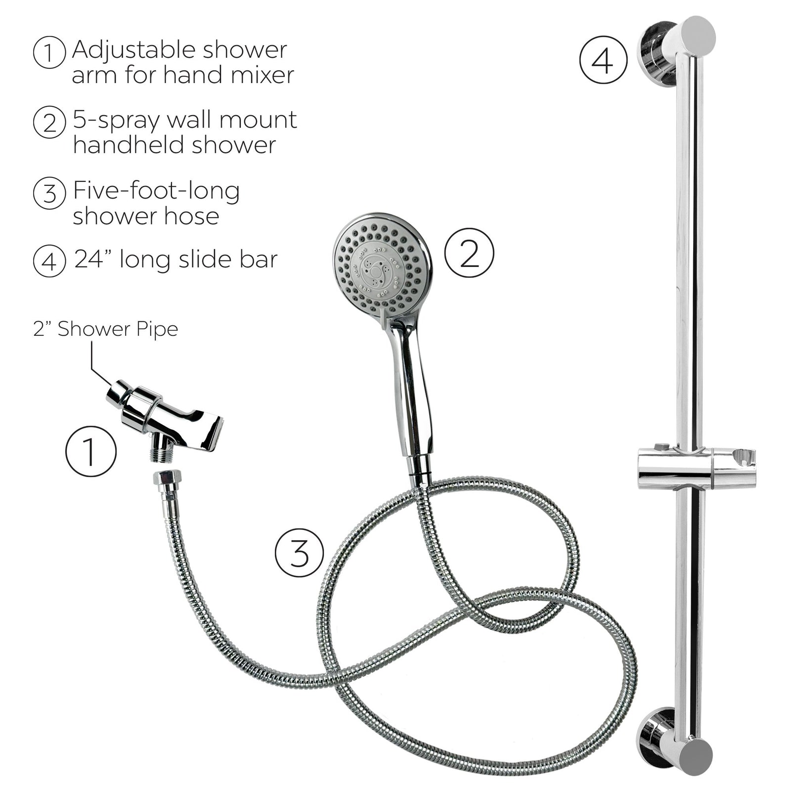 Ella's Bubbles Handheld Shower Arm and 24” Slider Attachment 4 Piece Kit HSAS