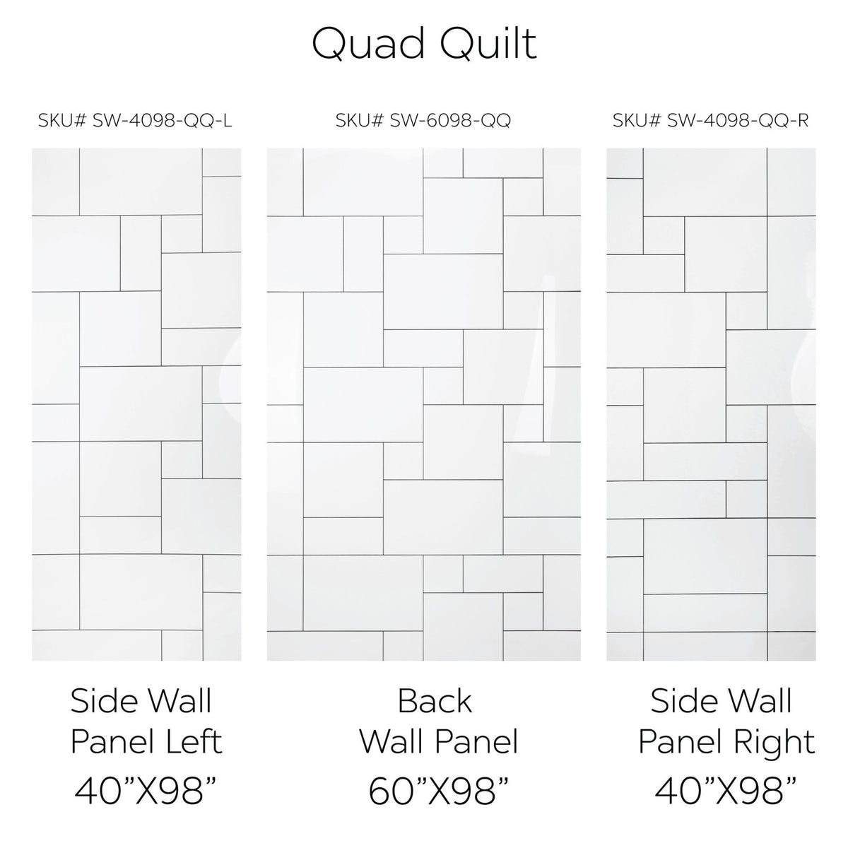 Ella's Bubbles QuadQuilt CNC Engravement Pattern in Acrylic, 3-Panel Shower Wall Kit 40x60x98 SW-406098-QQ
