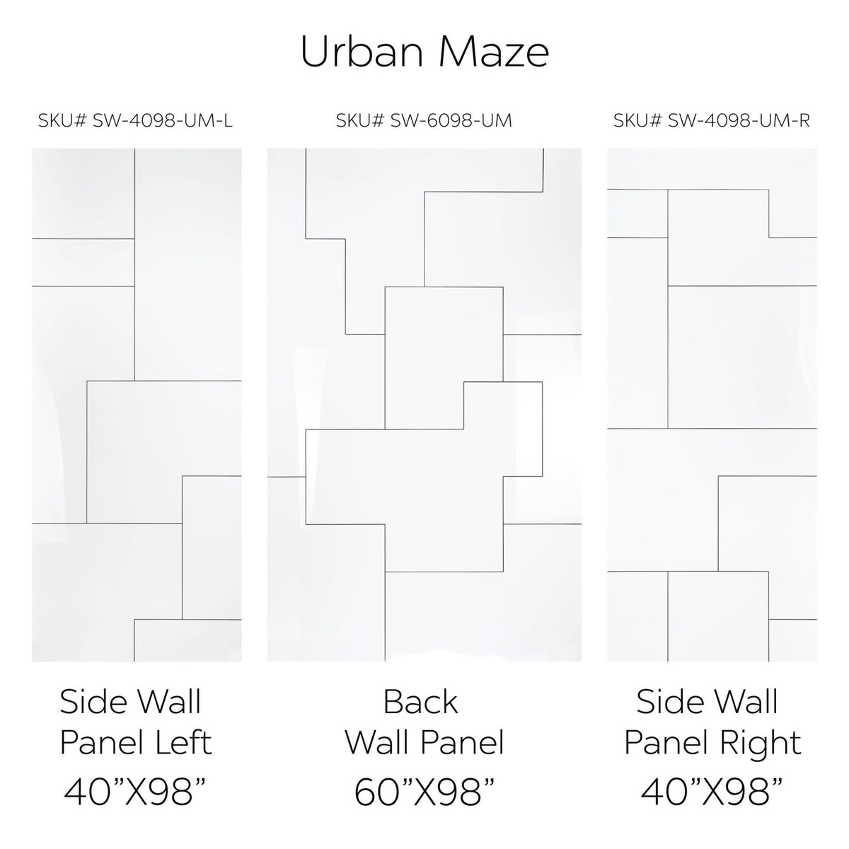 Ella's Bubbles Urban Maze CNC Engravement Pattern in Acrylic, 3-Panel Shower Wall Kit 40x60x98 SW-406098-UM