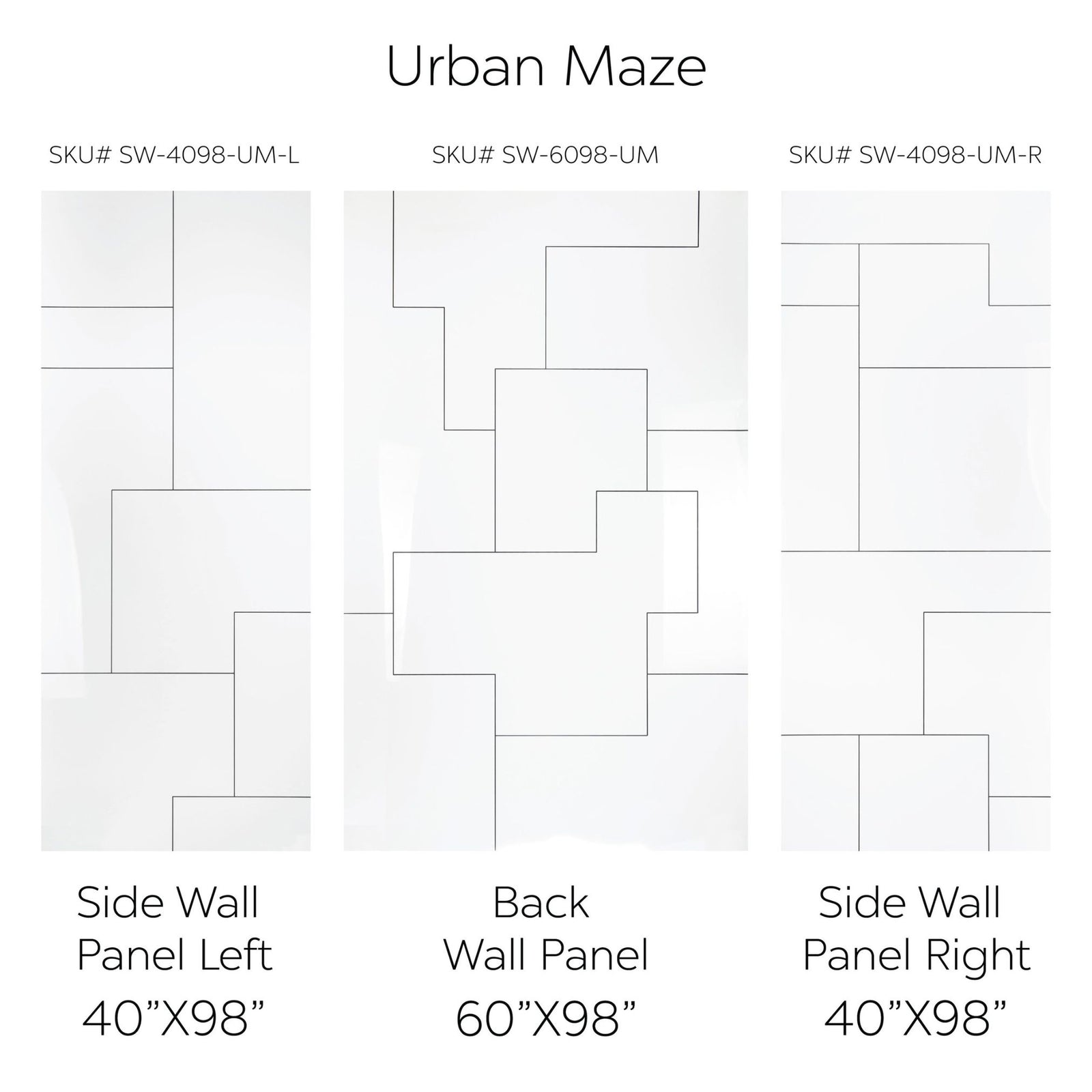Ella's Bubbles Urban Maze CNC Engravement Pattern in Acrylic, 3-Panel Shower Wall Kit 40x60x98 SW-406098-UM