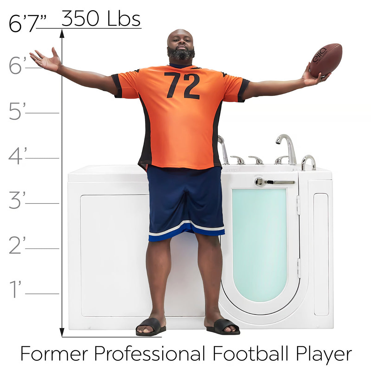 White walk-in bathtub shown beside a 6'7", 350 lb former professional football player for size comparison, with a height scale from 1' to 6'7" on the left.