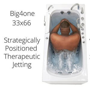 Big4one 33x66 walk-in bathtub with a man seated inside using strategically positioned therapeutic jets, viewed from above.