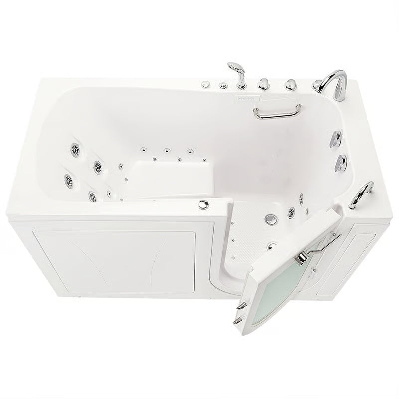White walk-in bathtub with outward-swinging entry door open, built-in seat, grab bar, handheld shower, multiple hydrotherapy jets, and chrome control faucet, viewed from above.