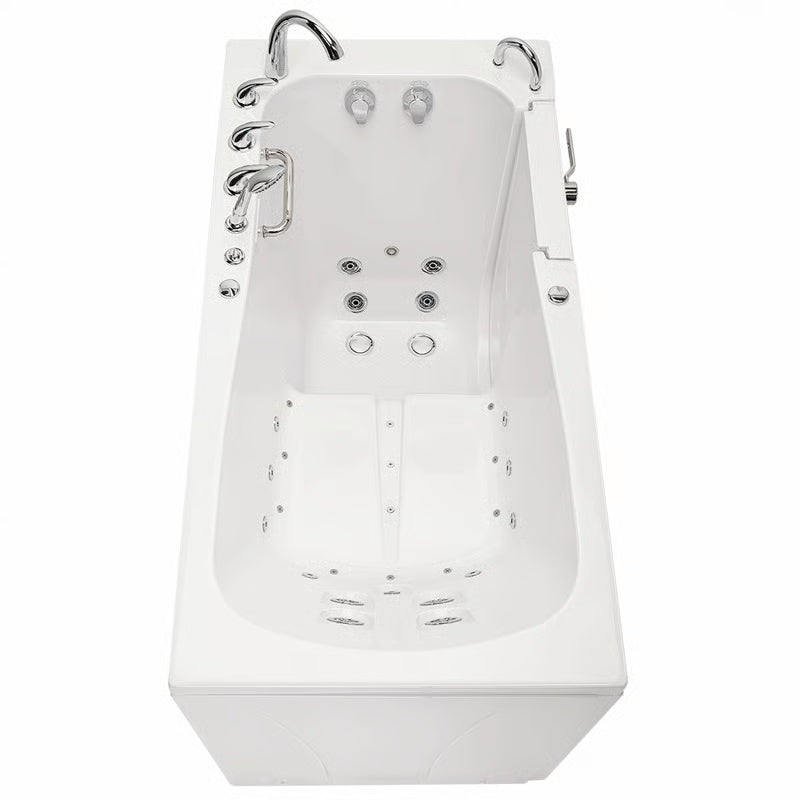 White walk-in bathtub with closed entry door, contoured seat, multiple hydrotherapy jets, dual chrome faucets, handheld shower, and side control panel, viewed from above.