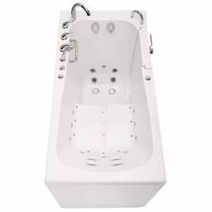 White walk-in bathtub with closed entry door, contoured seat, multiple hydrotherapy jets, dual chrome faucets, handheld shower, and side control panel, viewed from above.